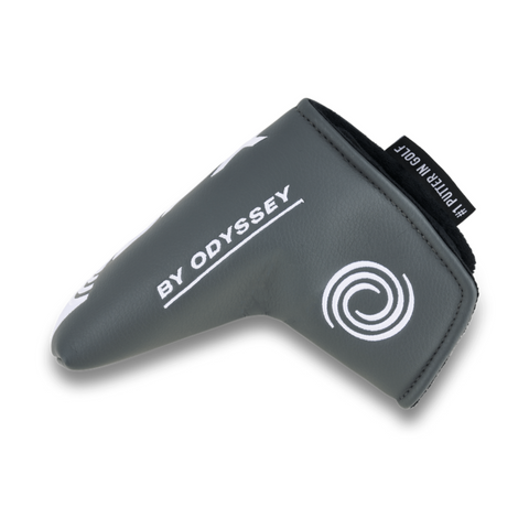 A gray Odyssey headcover with white BY ODYSSEY text and circular logo, made to protect your Odyssey 2025 DFX One CH Putter. Includes a black tag reading MY PUTTER MY GOLF.