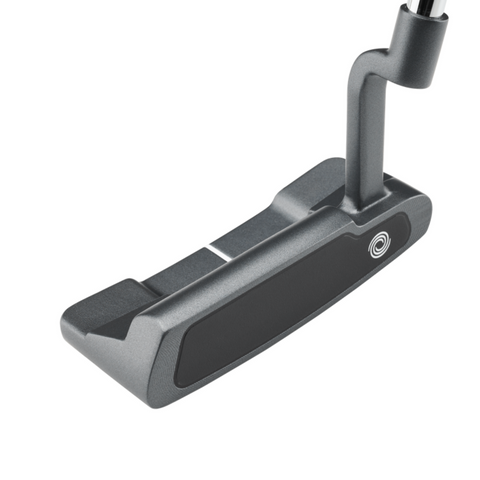 The Odyssey 2025 DFX One Wide CH Putter by Odyssey features a wide blade design, black face with soft DFX insert, metallic finish, single bend shaft, and a white swirl logo near the heel.
