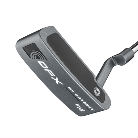 A close-up of the Odyssey 2025 DFX One Wide CH Putter by Odyssey highlights its sleek black head, soft DFX insert, distinct branding, and partially visible chrome shaft.