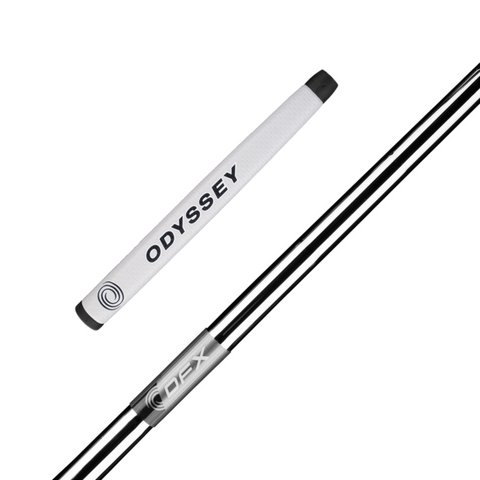Close-up of the Odyssey 2025 DFX One Wide CH Putter shaft, showing a white ODYSSEY grip and metallic DFX logo—ideal for fans of wide blade putters seeking a soft DFX insert from Odyssey.