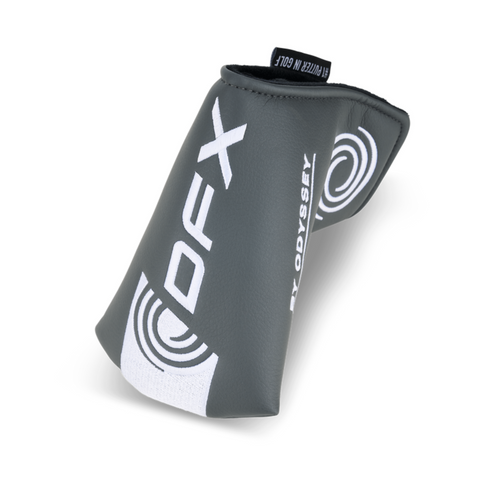 A gray Odyssey putter headcover with white logo details, designed to fit the Odyssey 2025 DFX One Wide CH Putter, shown on a plain white background.