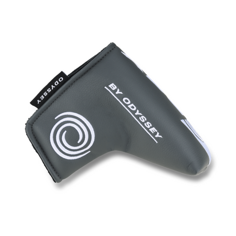A synthetic leather dark gray headcover for the Odyssey 2025 DFX One Wide CH Putter, featuring a white Odyssey logo and BY ODYSSEY text, is shown on a white background.