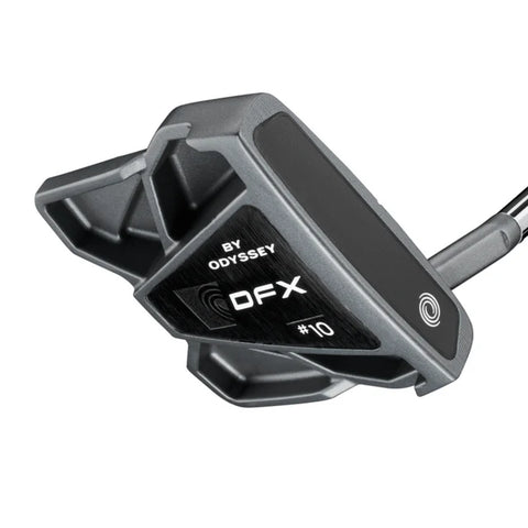 The Odyssey 2025 DFX Ten S Putter by Odyssey features a modern black and silver high-MOI mallet design with club head branding and a soft DFX insert for enhanced feel.