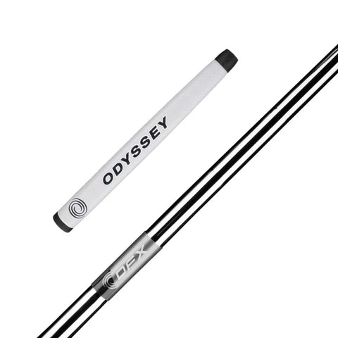 A close-up of the Odyssey 2025 DFX Ten S Putter handle displays a white ODYSSEY grip with a spiral logo, part of the shaft with DFX branding on metallic finish, and highlights its soft DFX insert for smoother rolls. Brand: Odyssey.