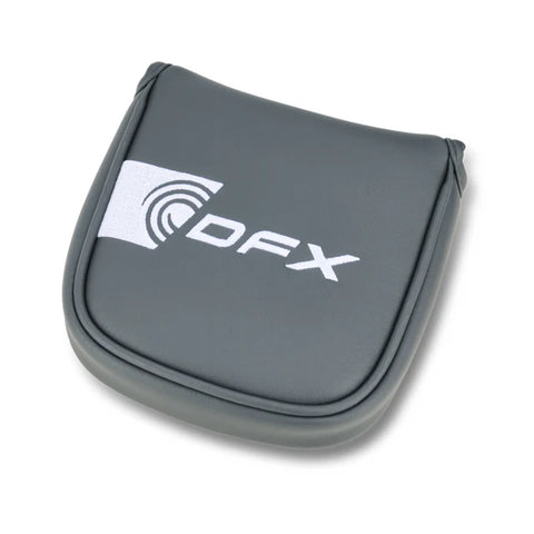 A gray, padded rectangular pouch with rounded edges features a white Odyssey DFX logo and swirl design, ideal for storing your Odyssey 2025 DFX Ten S Putter or its soft insert. The pouch is made of a soft synthetic material.