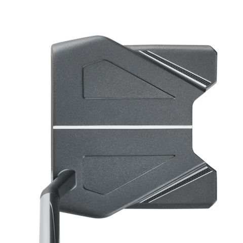 A top-down view of the Odyssey 2025 DFX Ten S Putter | Left Handed by Odyssey, a modern black high-MOI mallet featuring a white center alignment line and geometric design accents on the head.