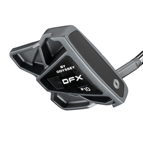 A close-up of the Odyssey 2025 DFX Ten S Putter | Left Handed by Odyssey highlights its black and silver high-MOI mallet head, bold branding, and intricate club face details.