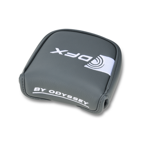 Protect your Odyssey 2025 DFX Ten S Putter (Left Handed) with this gray Odyssey headcover, featuring white DFX lettering, a logo on top, and BY ODYSSEY embroidered on the side—great for high-MOI mallet models.
