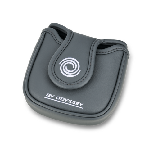 A gray leather pouch with a flap closure, featuring a white spiral logo and BY ODYSSEY text—ideal for your Odyssey 2025 DFX Ten S Putter | Left Handed or other left-handed Odyssey putters.