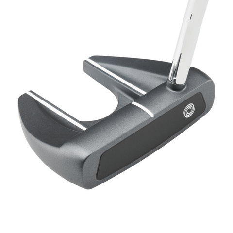 A close-up of the Odyssey 2025 DFX V-Line Fang DB Putter by Odyssey, showcasing its black and silver head, alignment lines, side circular logo, and soft DFX insert for enhanced feel in this stability putter.