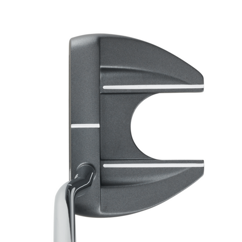 The Odyssey 2025 DFX V-Line Fang DB Putter by Odyssey has a silver finish, U-shaped cutout, and alignment lines on top. The shaft connects to the left side of the stable head, which features a soft DFX insert for improved feel.