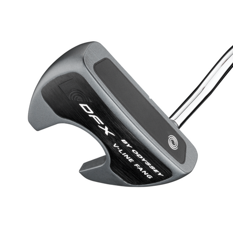 The Odyssey 2025 DFX V-Line Fang DB Putter by Odyssey showcases a gray and black design, curved fang-like clubhead, the Odyssey logo, and a soft DFX insert for enhanced feel in this stable putter.