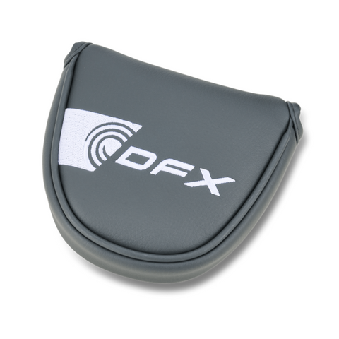 A gray, semi-circular leather putter cover with DFX and a white logo fits your Odyssey 2025 DFX V-Line Fang DB Putter, which features a soft DFX insert for enhanced feel.