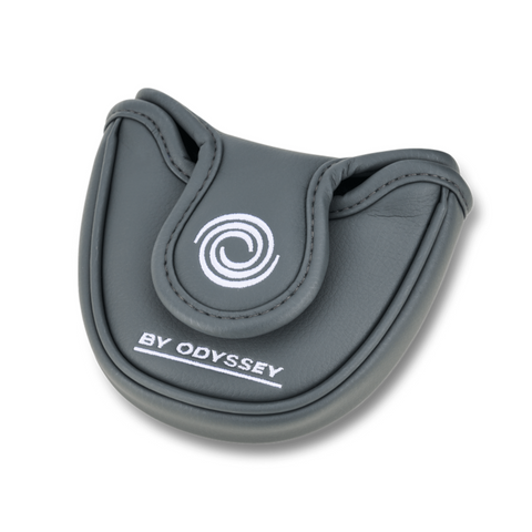 A gray leather headcover with white stitching, spiral logo, and BY ODYSSEY on the front flap, designed to match your Odyssey 2025 DFX V-Line Fang DB Putter.