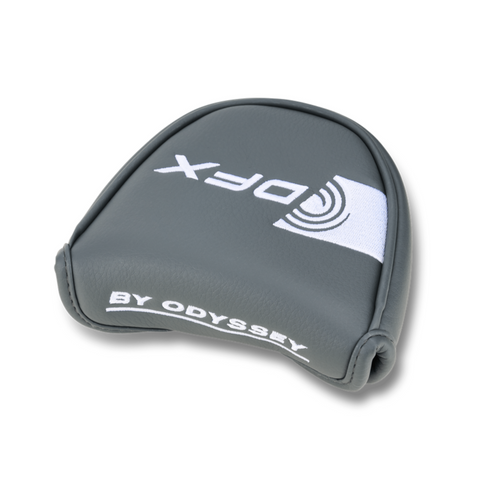 A gray Odyssey headcover featuring a white DFX logo and circular emblem on top, plus BY ODYSSEY in white along the bottom edge—ideal for your Odyssey 2025 DFX V-Line Fang DB Putter.