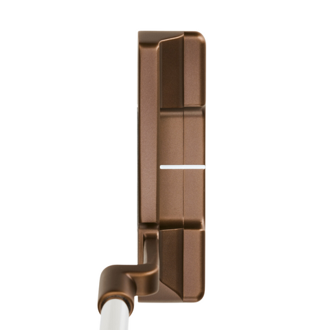 A top-down view of the Odyssey 2025 Limited Edition Giraffe Beam #2 CH Putter head in bronze, featuring a white alignment line and crank hosel, attached to a white shaft, set against a plain white background.