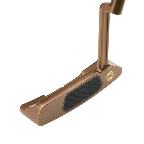 A close-up of the Odyssey 2025 Limited Edition Giraffe Beam #2 CH Putter in bronze, featuring a black face insert, crank hosel, and the brands circular logo near the heel.