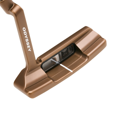 A close-up of the Odyssey 2025 Limited Edition Giraffe Beam #2 CH Putter head shows a bronze finish, white alignment line, crank hosel, and the Odyssey logo on the neck.