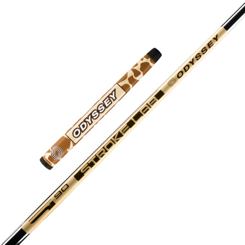 Close-up of the Odyssey 2025 Limited Edition Giraffe Beam Double Wide CH Putter, featuring a giraffe-patterned grip with the Odyssey logo, a gold STROKE LAB 90 shaft, face-balanced setup, and signature spiral logos.