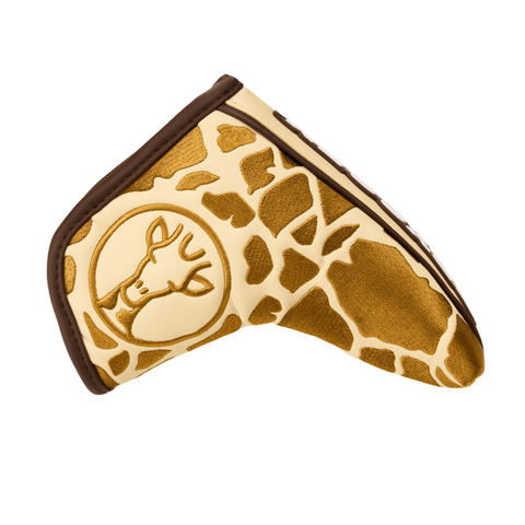 This Odyssey 2025 Limited Edition Giraffe Beam #2 CH Putter headcover features a giraffe pattern, stitched giraffe head in a circle, brown and yellow colors, and brown trim—designed for the classic blade putter.