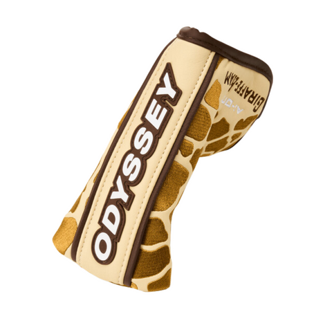 Protect your Odyssey 2025 Limited Edition Giraffe Beam #2 CH Putter in style with this beige cover featuring bold white ODYSSEY letters and brown giraffe-print spots—ideal for keeping your blade putter safe and stylish.