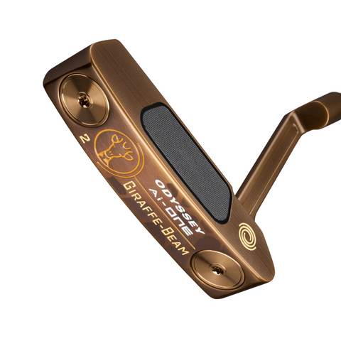 The Odyssey 2025 Limited Edition Giraffe Beam #2 CH Putter by Odyssey is a bronze putter with a crank hosel, black face insert, and engraved giraffe logo with white text on the club head, displayed on a white background.