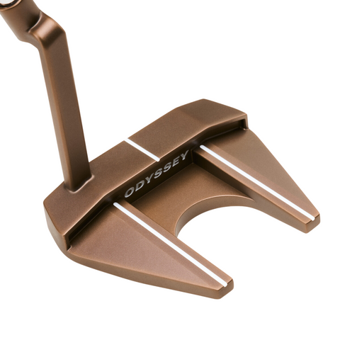 The Odyssey 2025 Limited Edition Giraffe-Beam #7 CH Putter features a bronze finish, white alignment lines, and a unique high-MOI angular mallet head for enhanced stability and precision.