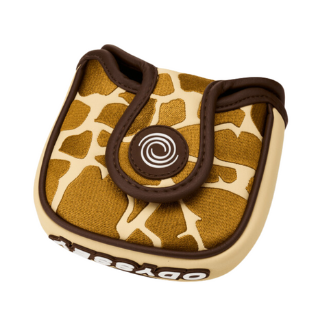 A small pouch with a brown and beige giraffe print, brown trim, and a circular button features Odyssey in tribute to the Odyssey 2025 Limited Edition Giraffe-Beam #7 CH Putter.