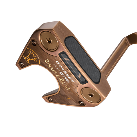 The Odyssey 2025 Limited Edition Giraffe-Beam #7 CH Putter features a bronze high-MOI mallet head with black accents, two gold screws, giraffe logo engraving, modern angular design, and a partially visible shaft.