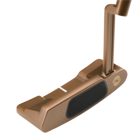 A close-up of the Odyssey 2025 Limited Edition Giraffe Beam Double Wide CH Putter by Odyssey shows its bronze color, black textured face, gold spiral logo on the side, and modern wide blade design with clean lines and a sleek metallic finish.