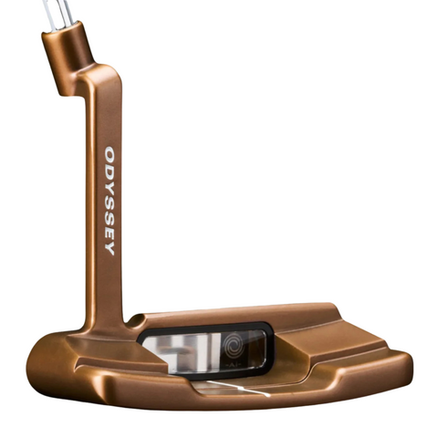 The Odyssey 2025 Limited Edition Giraffe Beam Double Wide CH Putter features a bronze finish, ODYSSEY in white on the neck, a modern streamlined design with a clear window in the head, and a wide blade profile.