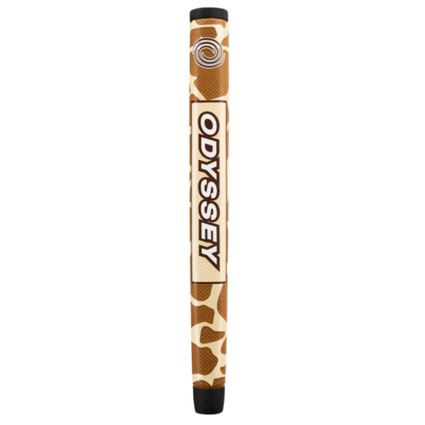 The Odyssey 2025 Limited Edition Giraffe Beam Double Wide CH Putter features a brown and beige giraffe print grip with ODYSSEY in bold white letters displayed vertically along the center.