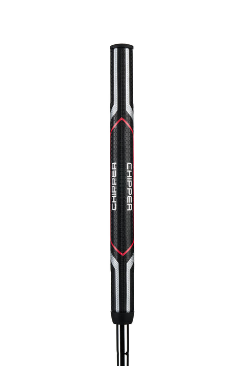 The Odyssey Mens Chipper - Left Hand grip by Odyssey is black with CHIPPER printed vertically in white and red, white, and gray geometric accents on a textured surface—perfect for your left-handed chipper or short game club.