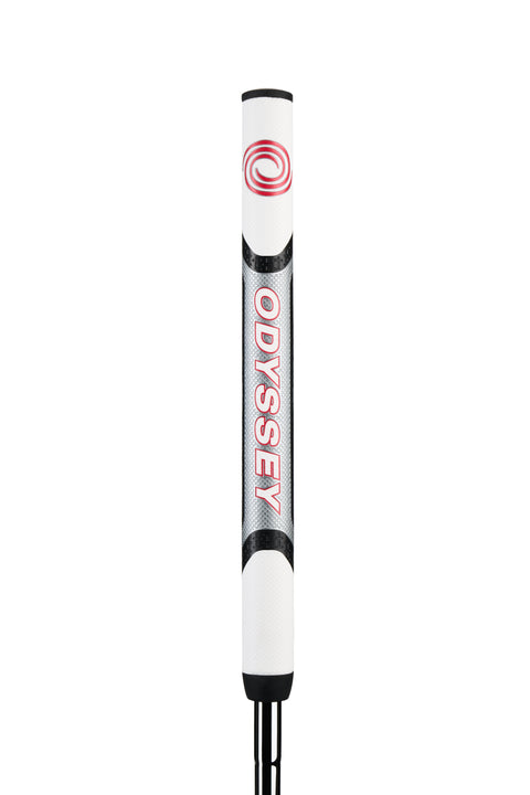 A white and black golf putter grip featuring bold red ODYSSEY lettering and a red spiral logo at the top—ideal for your Odyssey Mens Chipper or any short-game club.