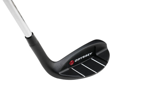 A close-up of the Odyssey Womens Chipper shows its black putter head with white alignment lines and the red Odyssey logo, providing a precise short-game solution against a white background.