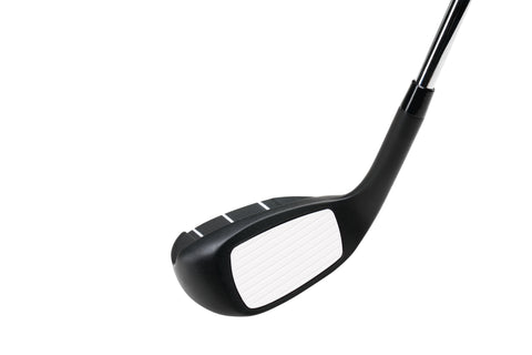 Close-up of the Odyssey Womens Chipper by Odyssey—a short-game golf club with a white grooved face, black body, and metallic shaft—shown isolated on a white background.