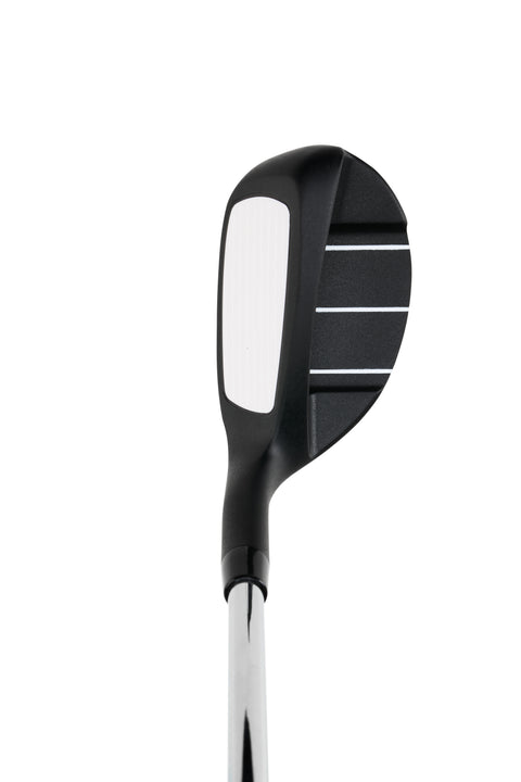 A close-up of the Odyssey Womens Chipper by Odyssey—a hybrid club with a black head, white grooves, and a silver shaft—offers precision for your short game, shown against a plain white background.