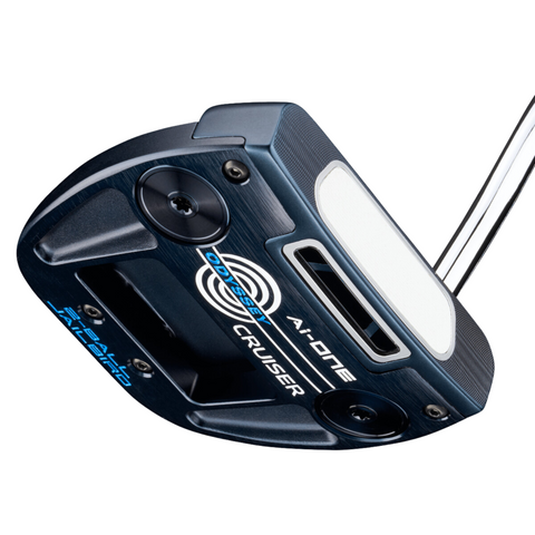 Close-up of the Odyssey Ai-ONE CRUISER Jailbird 2-Ball DB Putter by Odyssey, featuring its AI Face Technology, metallic finish, weighted centers, modern blue and white branding, and dual-ball alignment with a view of the face and sole.
