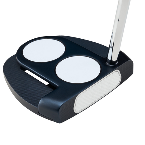 A close-up of the Odyssey Ai-ONE CRUISER Jailbird 2-Ball DB Putter by Odyssey, highlighting its black and silver finish, 2-Ball Alignment circles on top, and a sleek metallic shaft.