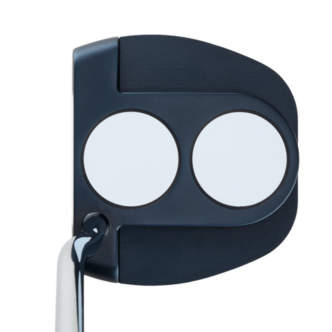 A top-down view of the Odyssey Ai-ONE CRUISER Jailbird 2-Ball DB Putter by Odyssey, featuring a black head with two large white 2-Ball Alignment circles, set against a white background.