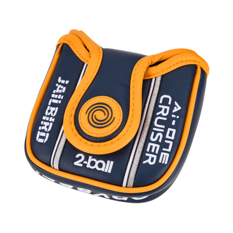A navy and orange headcover for the Odyssey Ai-ONE CRUISER Jailbird 2-Ball DB Putter by Odyssey, featuring A-ONE CRUISER, 2-ball, and JALBRO prints, spiral logo, stitched detailing, and a 2-Ball Alignment design.