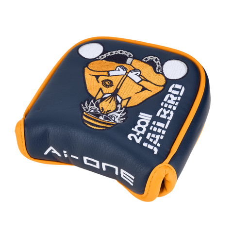 A navy and orange putter cover with an embroidered cartoon prisoner, 2ball JAILBIRD and AI-ONE text—designed for your Odyssey Ai-ONE CRUISER Jailbird 2-Ball DB Putter from Odyssey.