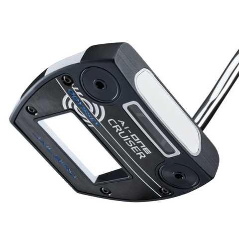 Close-up of the Odyssey Ai-ONE Cruiser Jailbird Versa DB OS Putter by Odyssey, an AI-designed insert putter in black with white, blue, and silver accents, featuring the brand and model name clearly on its surface.