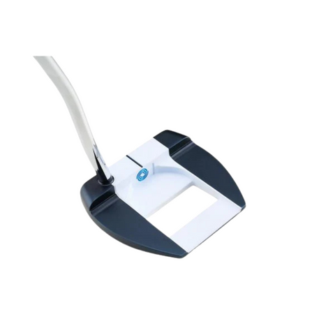 A close-up of the Odyssey Ai-ONE Cruiser Jailbird Versa DB OS Putter by Odyssey, showcasing its modern white and black head with a center rectangular cutout and a side-attached curved shaft.