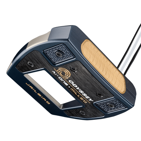 A close-up of a Callaway Odyssey Ai-ONE Cruiser Milled Jailbird DB Versa OS Putter, showcasing its black and gold design, milled stainless steel face insert, and bold branding on the head.