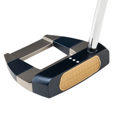 A close-up of the Callaway Odyssey Ai-ONE Cruiser Milled Jailbird DB Versa OS Putter, featuring a metallic and black finish, a tan milled stainless steel face insert with texture, and three white alignment dots on top.