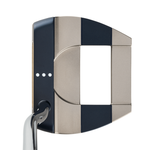 A close-up of the Callaway Odyssey Ai-ONE Cruiser Milled Jailbird DB Versa OS Putter head, showing its milled stainless steel face, metallic finish with black accents, square cutout center, and three white alignment dots on top.