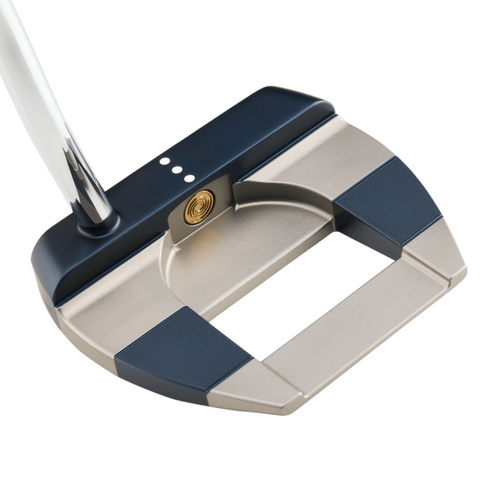 A close-up of the Callaway Odyssey Ai-ONE Cruiser Milled Jailbird DB Versa OS Putter, showcasing a metallic finish, milled stainless steel face, black and silver design, and three white alignment dots on top.