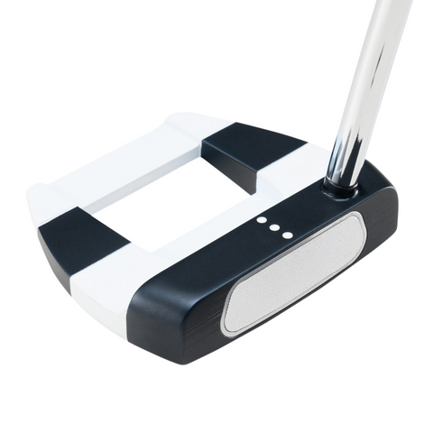 A close-up of the Odyssey Ai-ONE Jailbird DB OS Cruiser Putter by Odyssey, showcasing its black and white design with three white alignment dots on top and a shiny metal shaft.