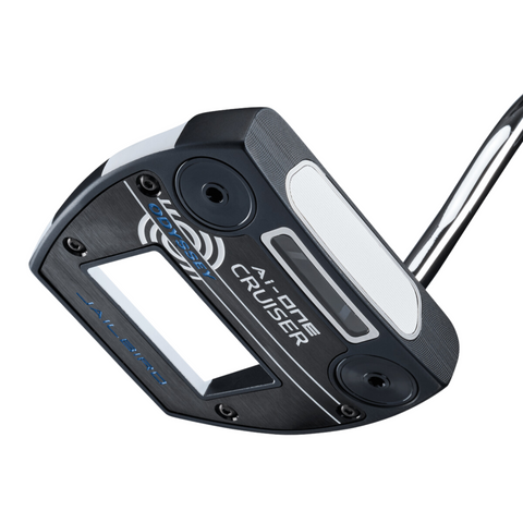 Close-up of the Odyssey Ai-ONE Jailbird DB OS Cruiser Putter in black and silver, showcasing its detailed head design with an AI insert, Odyssey branding, and a metallic shaft.